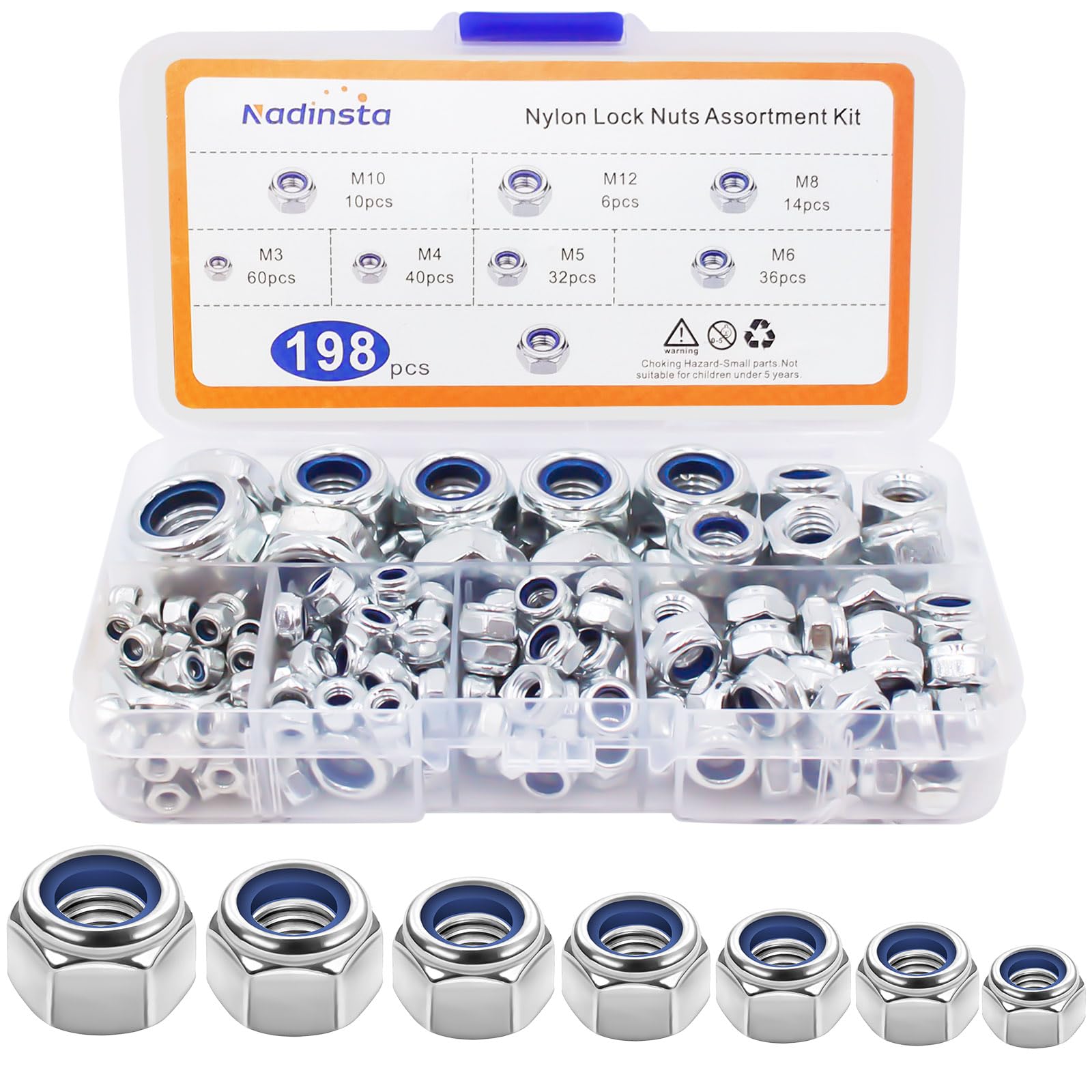 Nadinsta 198Pcs Nylock Nuts, Carbon Steel Lock Nuts M3 M4 M5 M6 M8 M10 M12, Self-Locking Nylon Insert Hex Nut, Threaded Hexagon Nut with Box for Bolts, Screws, and Fasteners
