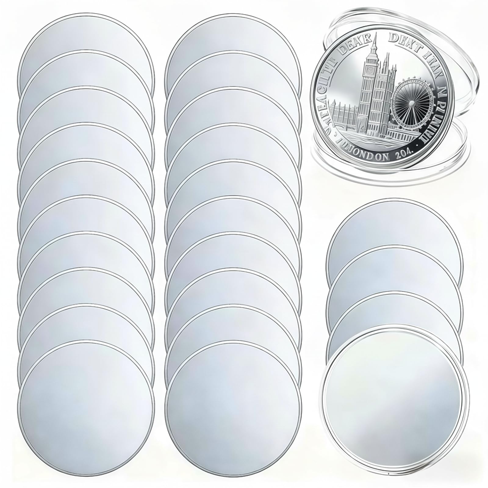 Photo 1 of 24PCS Alloy Blank Challenge Coins 40mm Laser Engravable Threaded Edge with Acrylic Protection Box for DIY Crafts and Commemorative Collection (Silver-Plated)