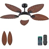 52"Brown Tropical Outdoor Palm Leaf Ceiling Fans with Lights and Remote | Supports Remote and APP, 6 Wind Speeds, Reversible, Dimmable 3CCT LED, 50W Quiet DC Motor,Suits for Living Room Bedroom Patio