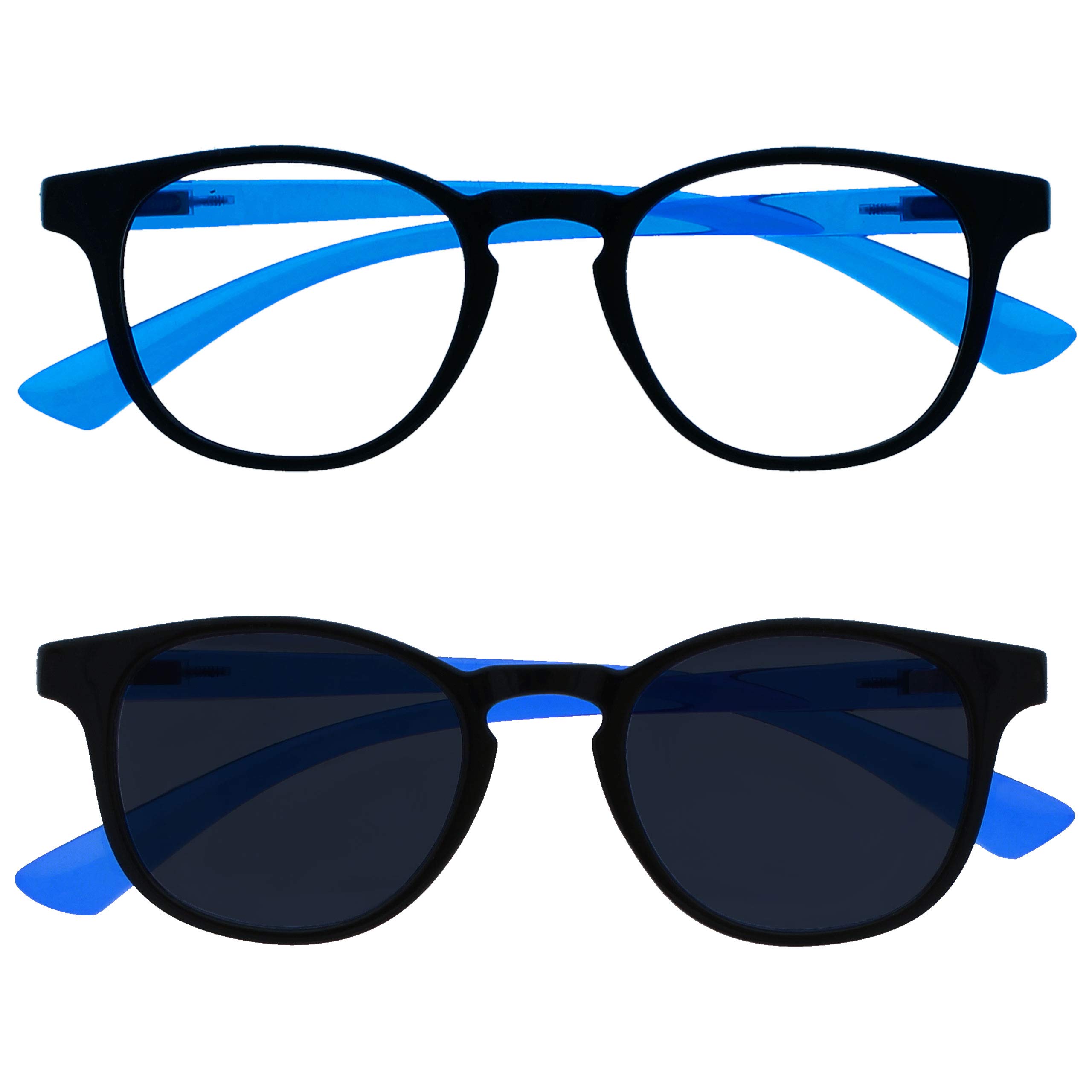 OPULIZE Kids Twin Pack Blue Light Glasses With Matching Sunglasses Boys Girls Age 6+ Black Neon Blue BS47-B