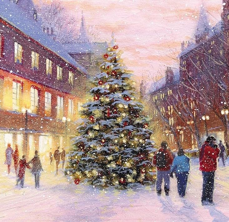 Charity Christmas Cards - Snowy Village Christmas Tree Scene - Eco-Friendly and Recyclable - Pack of 8 Cards - By Almanac