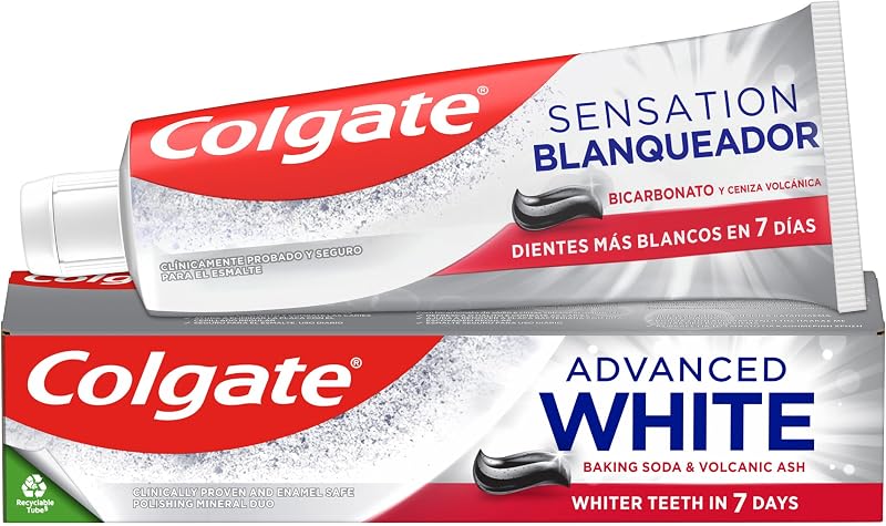- Pasta de dientes Advanced White con Bicarbonato y Ceniza Volcánica, Pack 12 x 75 ml, Dientes más blancos en 7 días, clínicamente probada para eliminar las manchas superficiales