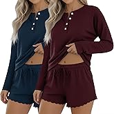 2 Pack Women's Waffle Pajama Sets Lounge Long Sleeve and Shorts PJ 2 Piece Set Lightweight Matching Loungewear Sleepwear