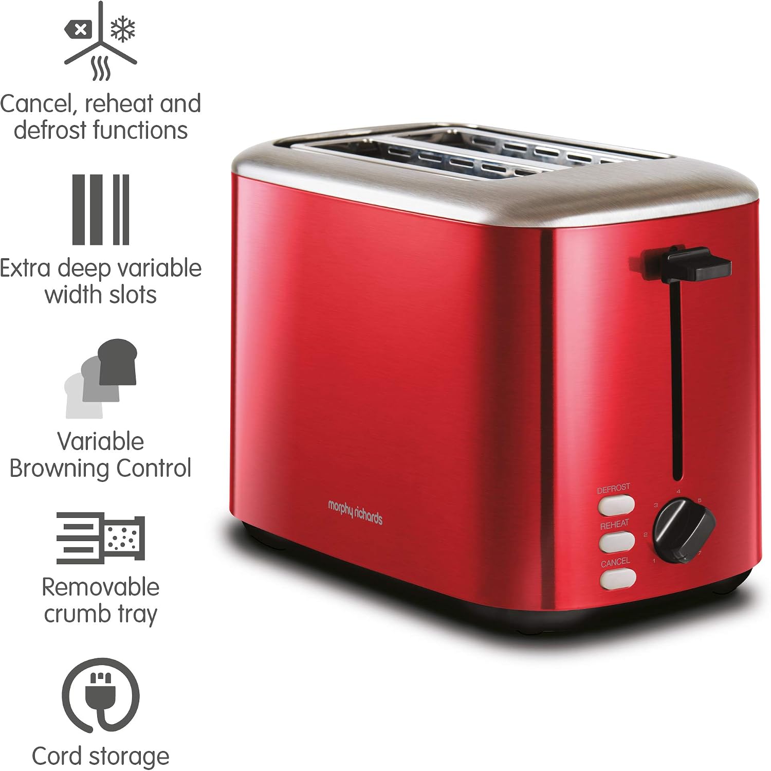 Morphy Richards Equip 2 Slice Toaster, Defrost and Reheat, Browning Controls, Variable Wide Slots, Removable Crumb Tray - Image 3