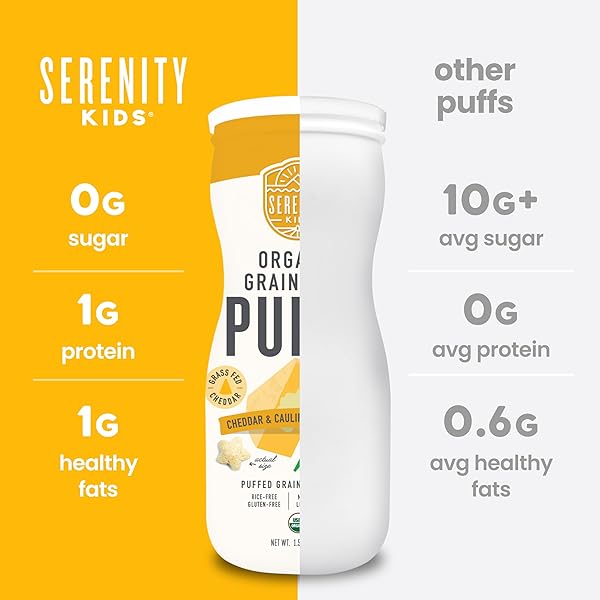 SERENITY KIDS 6+ MONTHS GRAIN-FREE BABY PUFFS – MELT-IN-MOUTH TODDLER SNACKS, EASY-GRIP INFANT SNACKS, REAL VEGGIE & OLIVE OIL ORGANIC BABY FOOD, 1.5 OZ, PACK OF 1, WHITE CHEDDAR & CAULIFLOWER SPINACH