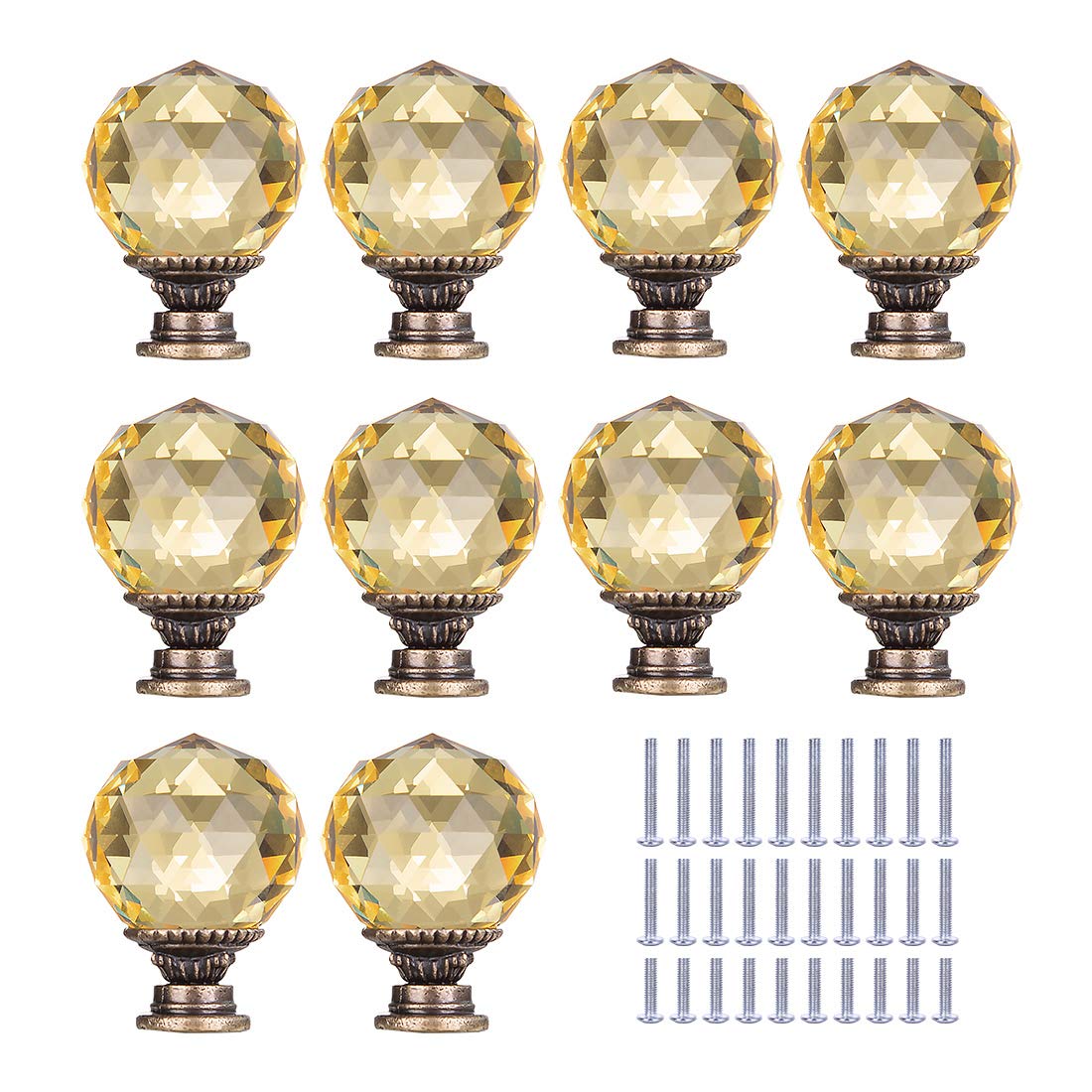 C&Z 10pcs 30mm Ancient Bronze Crystal Knobs Cupboard Cabinet Handle Drawer Pull with Screw for Kitchen Office Chest Dresser Bathroom Bedroom Wardrobe Shiny Facet Ball Yellow