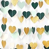 Sage-Green Mint Beige-Gold Love-Heart Garland - 52Ft Rustic Wedding Hanging Decoration Streamers Banner, Baby Safari Birthday Bachelorette Bridal Shower Engagement Valentines Party Decor Panduola