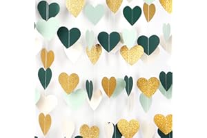 Sage-Green Mint Beige-Gold Love-Heart Garland - 52Ft Rustic Wedding Hanging Decoration Streamers Banner, Baby Safari Birthday Bachelorette Bridal Shower Engagement Valentines Party Decor Panduola