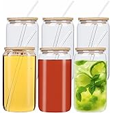 Qumuauu 16oz Glass Cups with Bamboo Lids and Straws, Reusable Drinking Glasses Set, Classic Iced Coffee Cup for Smoothies Water Juice Beer, BPA-Free Glass Tumbler Set (16oz 6pack clear)