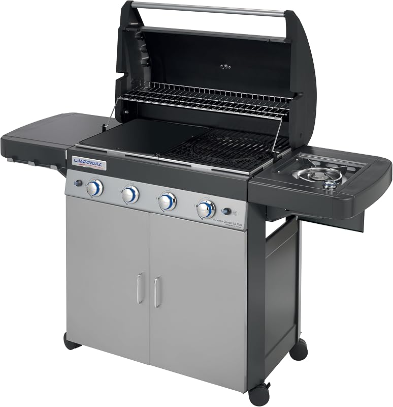 4 Series Classic LS Plus Gas Grill Barbecue con 4 Bruciatori, Sistema di Pulizia Facile InstaClean, 2 Tavoli a Lato, Grigio, 160.3 x 60 x 115.6 cm