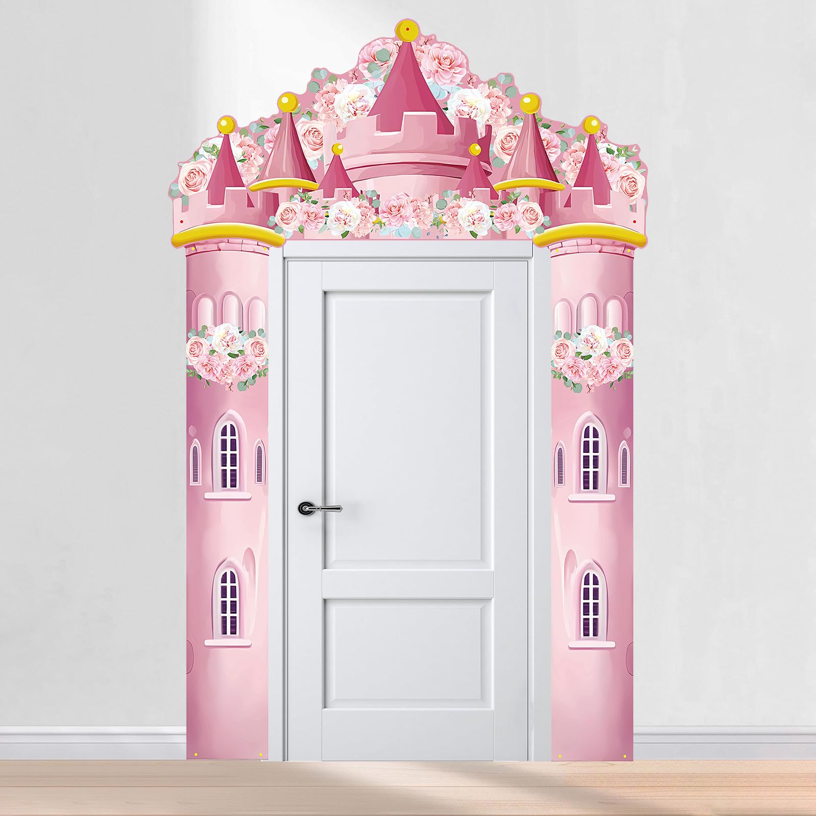 Photo 1 of Princess Castle Door Banner – 3PCS Pink Castle Backdrop with Floral Towers, Hanging Princess Photo Booth Backdrop for Girls Birthday Party Baby Shower Decorations