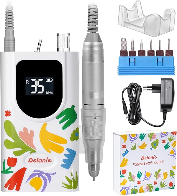 Delanie Professioneller Nagelfräser 35000 U/min, Wiederaufladbarer Fräser für Gelnägel Nagellack, Elektrischer Fräser für Nägel mit 6 Bits, Geeignet für Maniküre & Pediküre - Weiß im Matisse-Stil