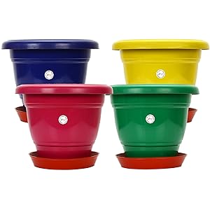 Gamla / Planter / Pot 10 - inch (set of 4 colourful pots) with round plastic plant saucer / bottom plate 6-inch 
(set of 4pcs) (colour may vary) for Garden Balcony Flowering Pot by Kraft Seeds