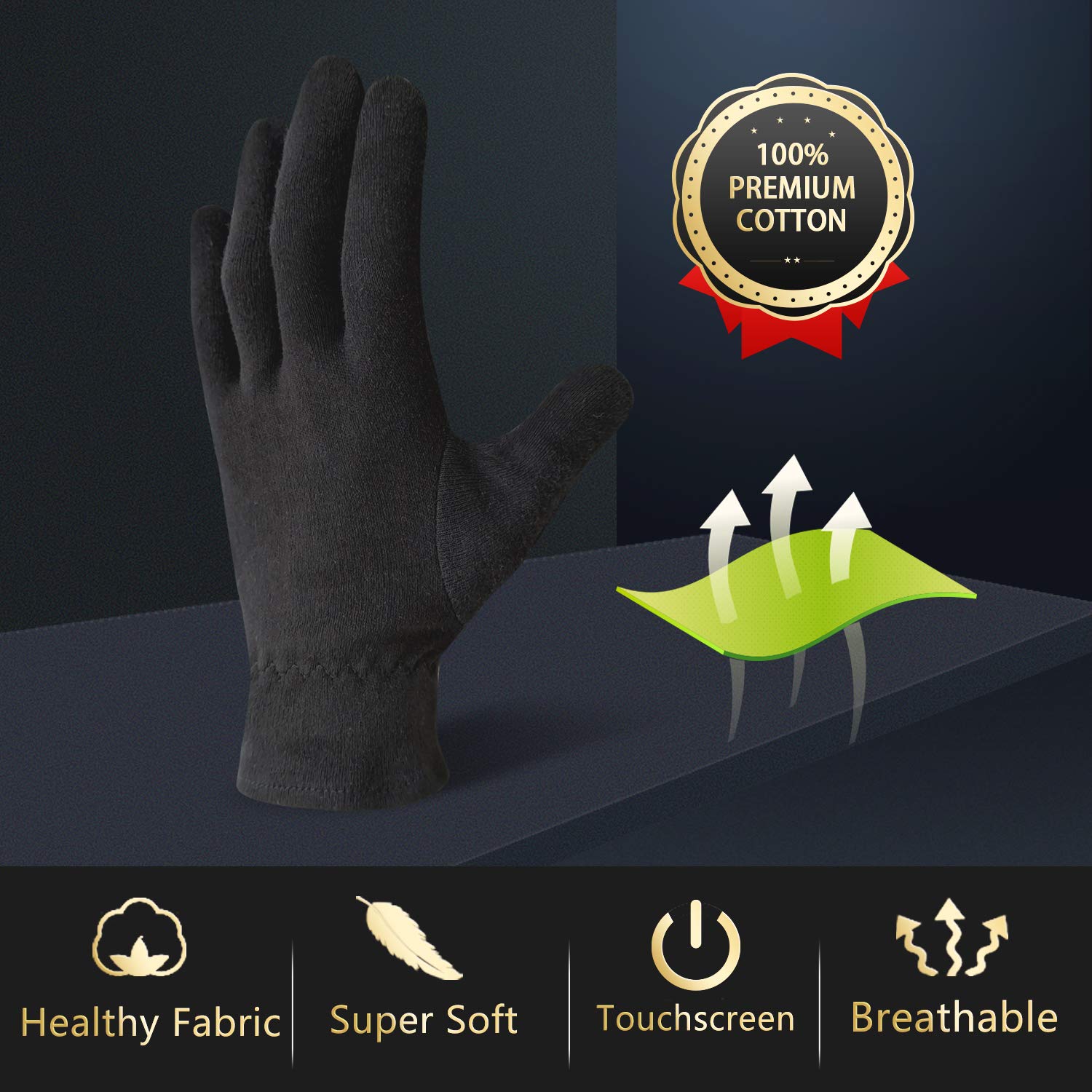 EvridWear 100% Cotton Touchscreen Moisturizing Beauty Gloves with Elastic Cuff, Natural Cosmetic Therapy Gloves for Eczema SPA Dry Hands Care Overnight (Black, Large) 2 Pairs : Beauty