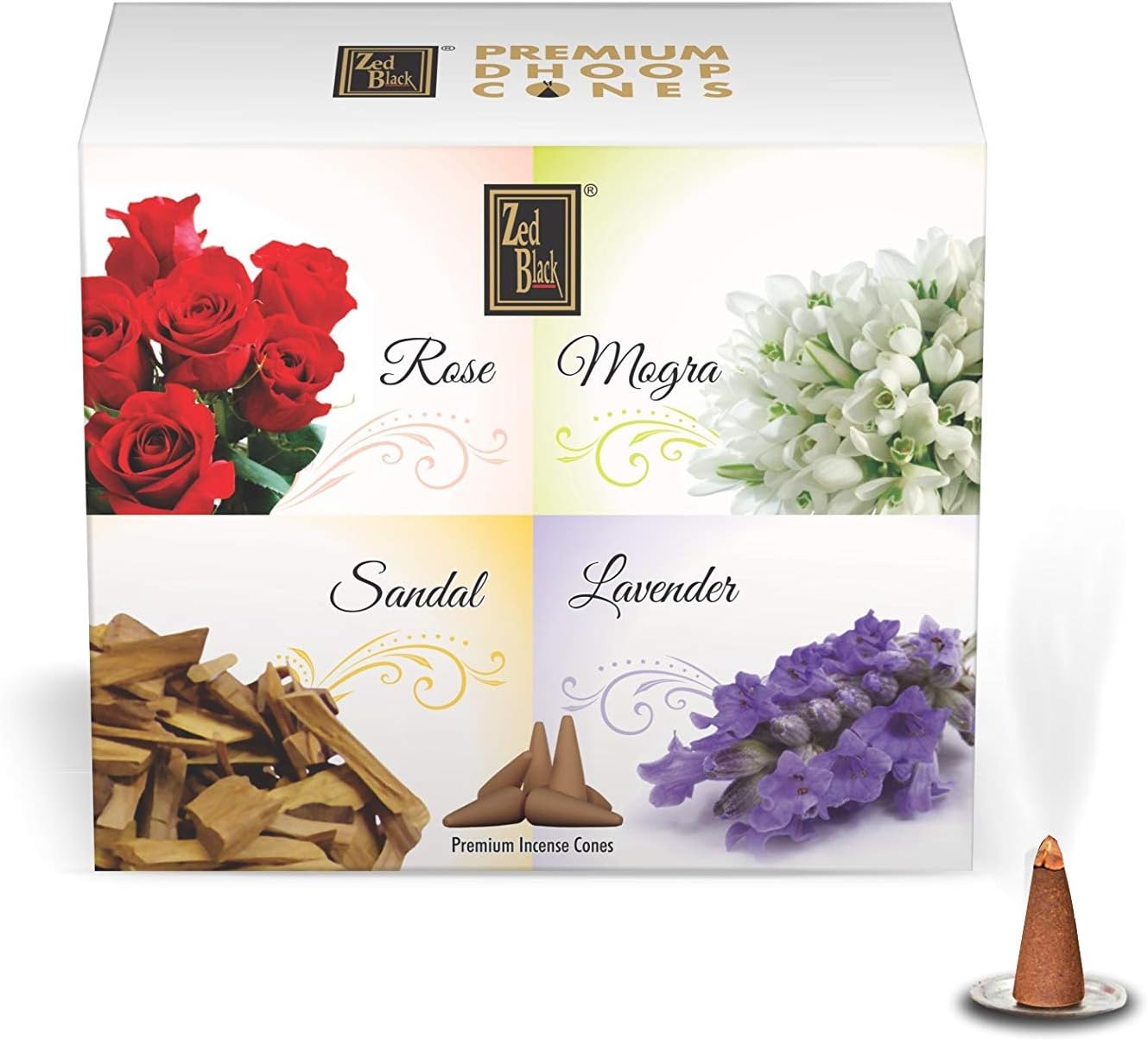 Zed Black Dhoop Cones Boxes (Rose, Mogra, Sandal and Lavender) - Pack of 12