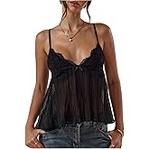 SOLY HUX Women's Summer Lace Cami Tops Deep V Neck Spaghetti Strap Sheer Peplum Camisole Top