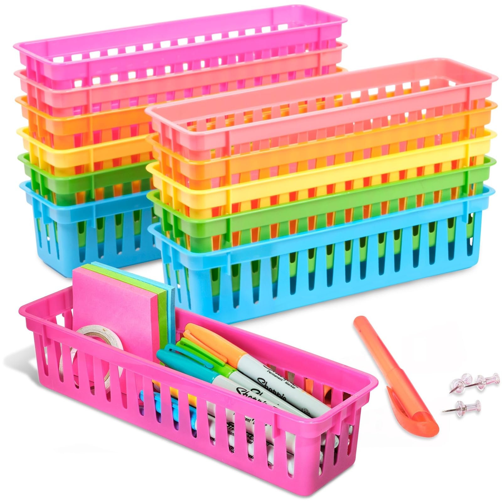 Photo 1 of Juvale 12-Pack Pencil Holder Trays and Organization Baskets - Plastic Caddy for Desk and Elementary Teacher Supplies for Classroom Decoration