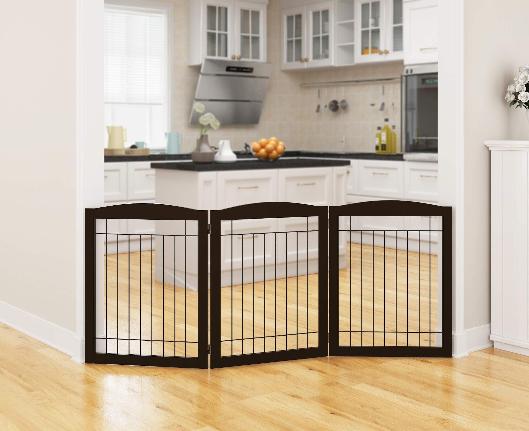 PAWLAND Wooden Freestanding Wire Pet Gate for Dogs, Step Over Fence, Dog Gate for The House, Doorway, Stairs, Extra Wide Tall Pet Safety Fence (Espresso, 30" Height 3 Panels)