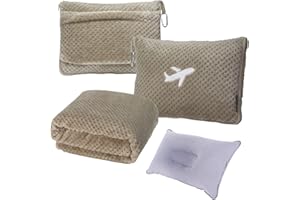 Nenolix 3 in 1 Travel Blanket Pillow Set - 350 GSM Thick Travel Blanket Airplane Compact with Bag, Soft Bag with a Pocket, Inflatable Travel Pillow for Camping & Car Trip (Light Coffee)