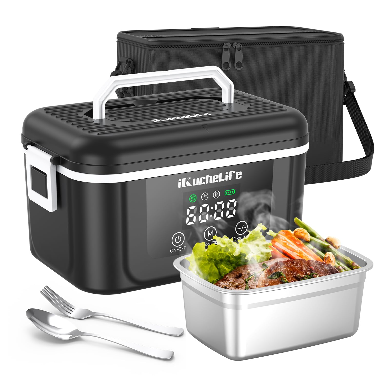 Heated Lunch Box, 1.5L&18000mAh Cordless Electric Lunch Box with Scheduled Heating, Rechargeable Portable Food Warmer with Digital Display for Work, Travel, Office, Camping