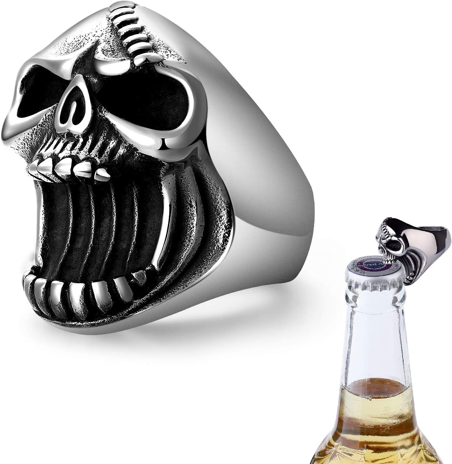 LAOYOU Skull Rings for Men, Mens Stainless Steel Beer Bottle Opener Gothic Biker Ring๏ผAntique Punk Jewelry