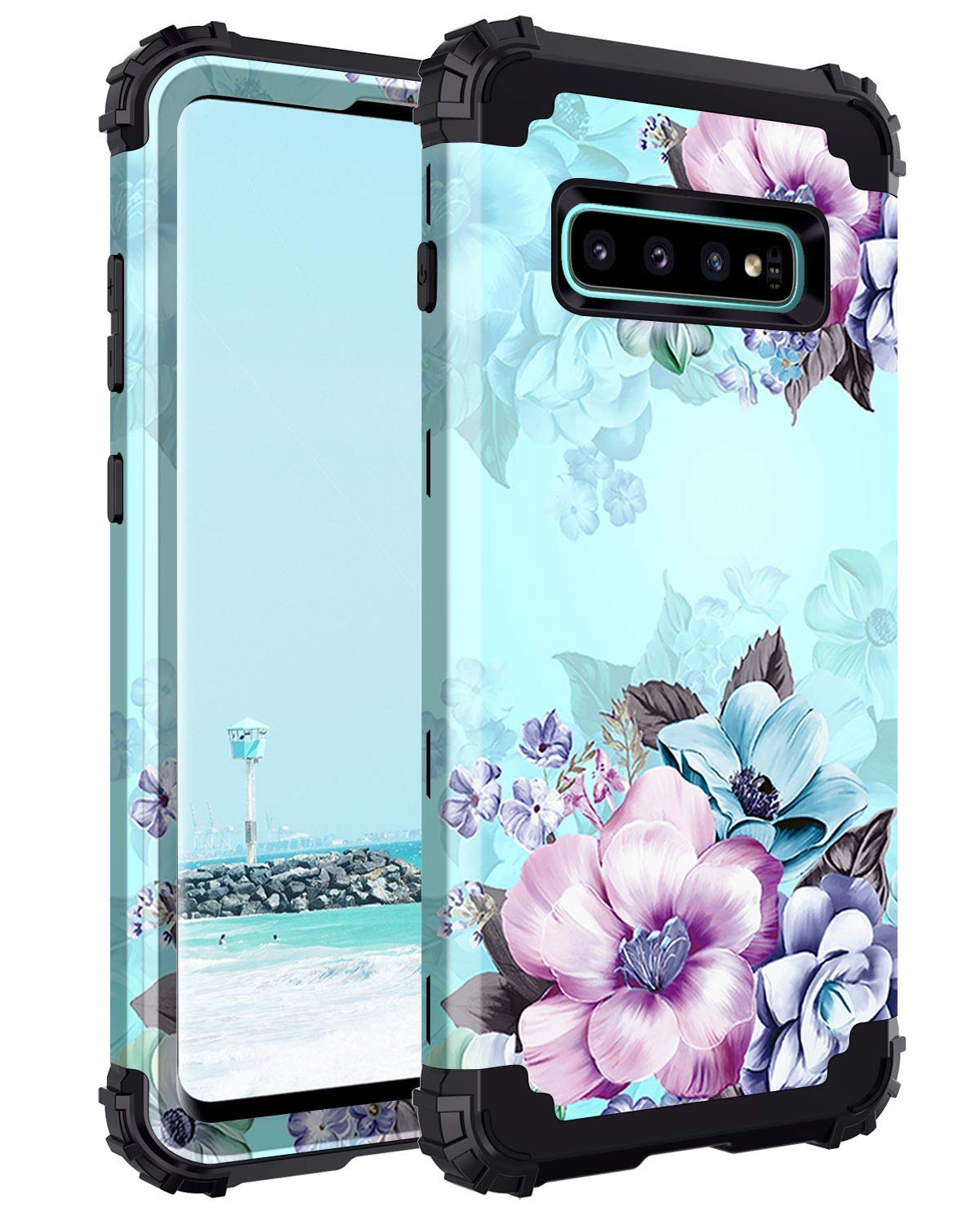 Photo 1 of Casetego Compatible with Galaxy S10 Case,Floral Three Layer Heavy Duty Hybrid Sturdy Shockproof Full Body Protective Cover Case for Samsung Galaxy S10,Blue Flower