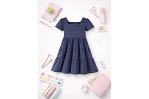 Girls' Cotton Tiered Dress Square Neck Short Sleeve Navy Blue Casual Sundress for Toddler & Little Girls 2-8Y