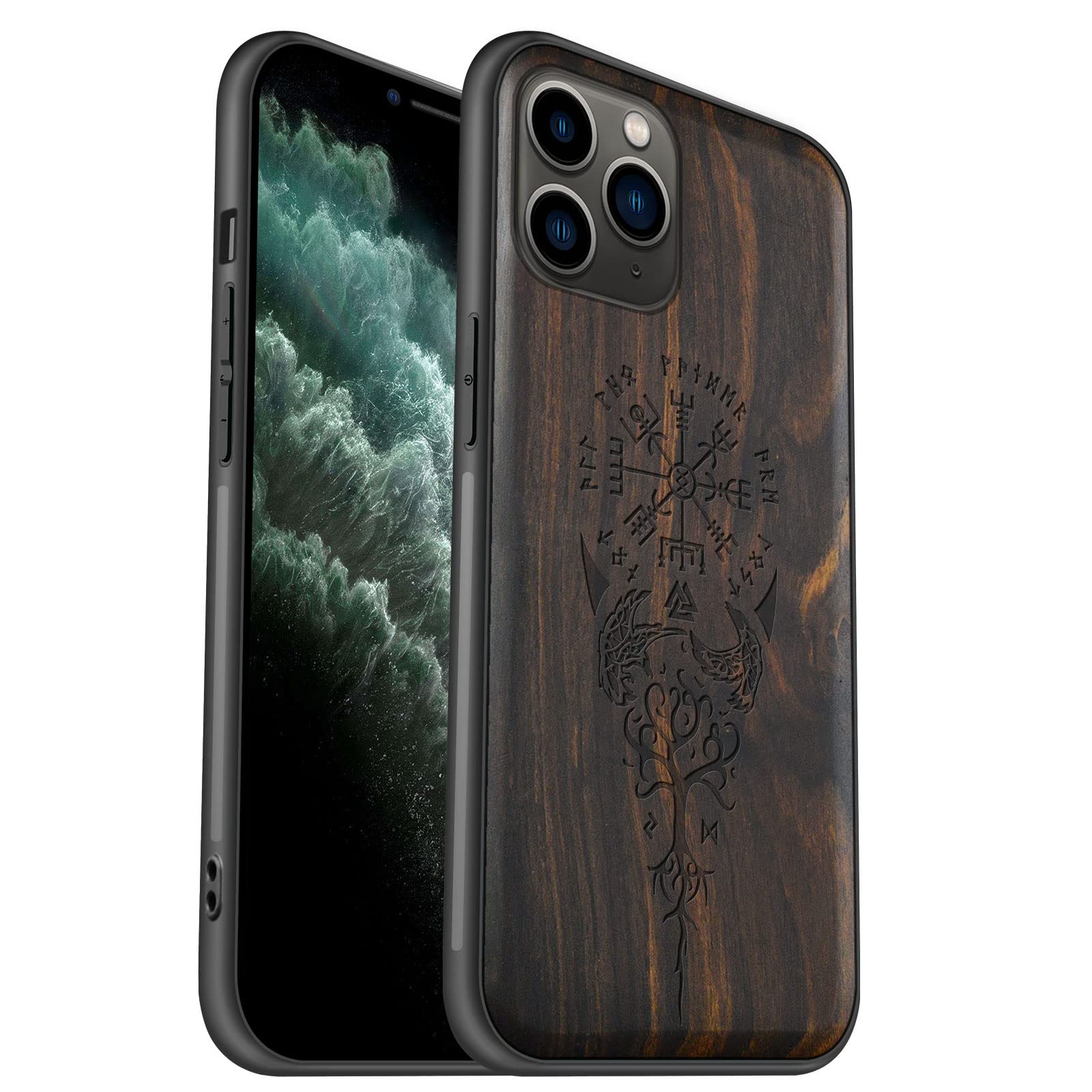 Carveit Natural Wood Case for iPhone 11 Pro [Real Wood & Soft TPU] Unique Stylish Wooden Shockproof Protective Case Compatible with iPhone 11 Pro (Black Viking Compass)