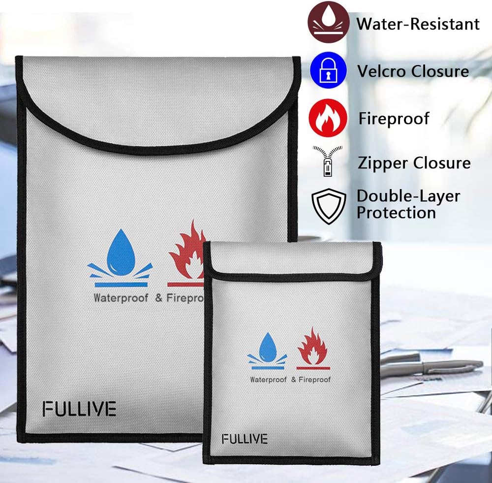 Fireproof Document Bag - 15"X11" Fireproof Safe Bag, 7"x9" Money Pouch Envelope, Non-Itchy Silicone Coated File Storage, Waterproof Document Holder, Money Bag with Zipper - - 