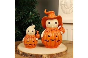 yosager 2 Pack Halloween Jack O Lanterns Ghost Tabletop Decorations, Lighted Mini Resin Spooky Statues, Light Up Pumpkin Lantern Battery Powered, Vintage Fall Party Gift for Indoor Fireplace Kitchen
