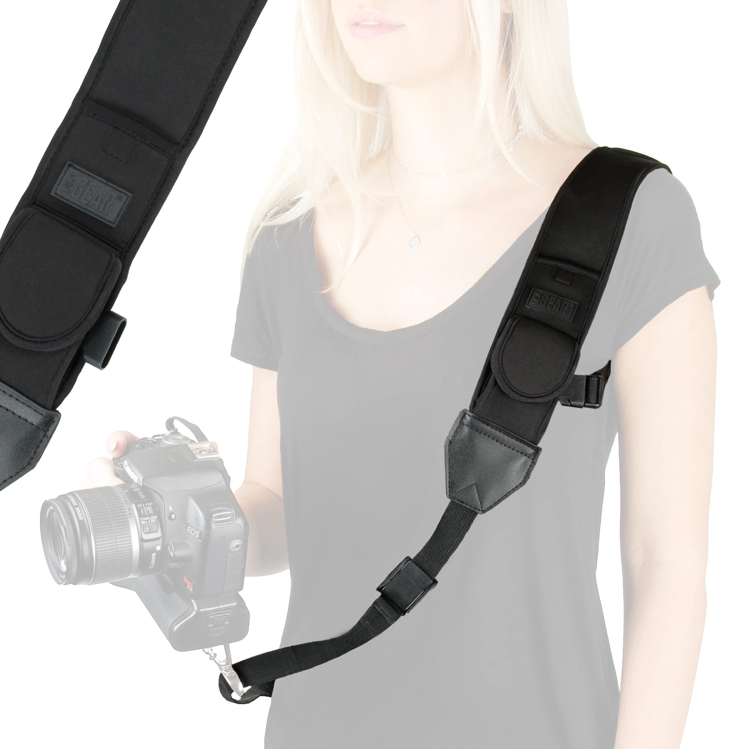 USA Gear Camera Sling Shoulder Strap with Adjustable Neoprene, Safety Tether, Accessory Pocket, Quick Release Buckle - Compatible with Canon, Nikon, Sony and More DSLR and Mirrorless Cameras (Black)