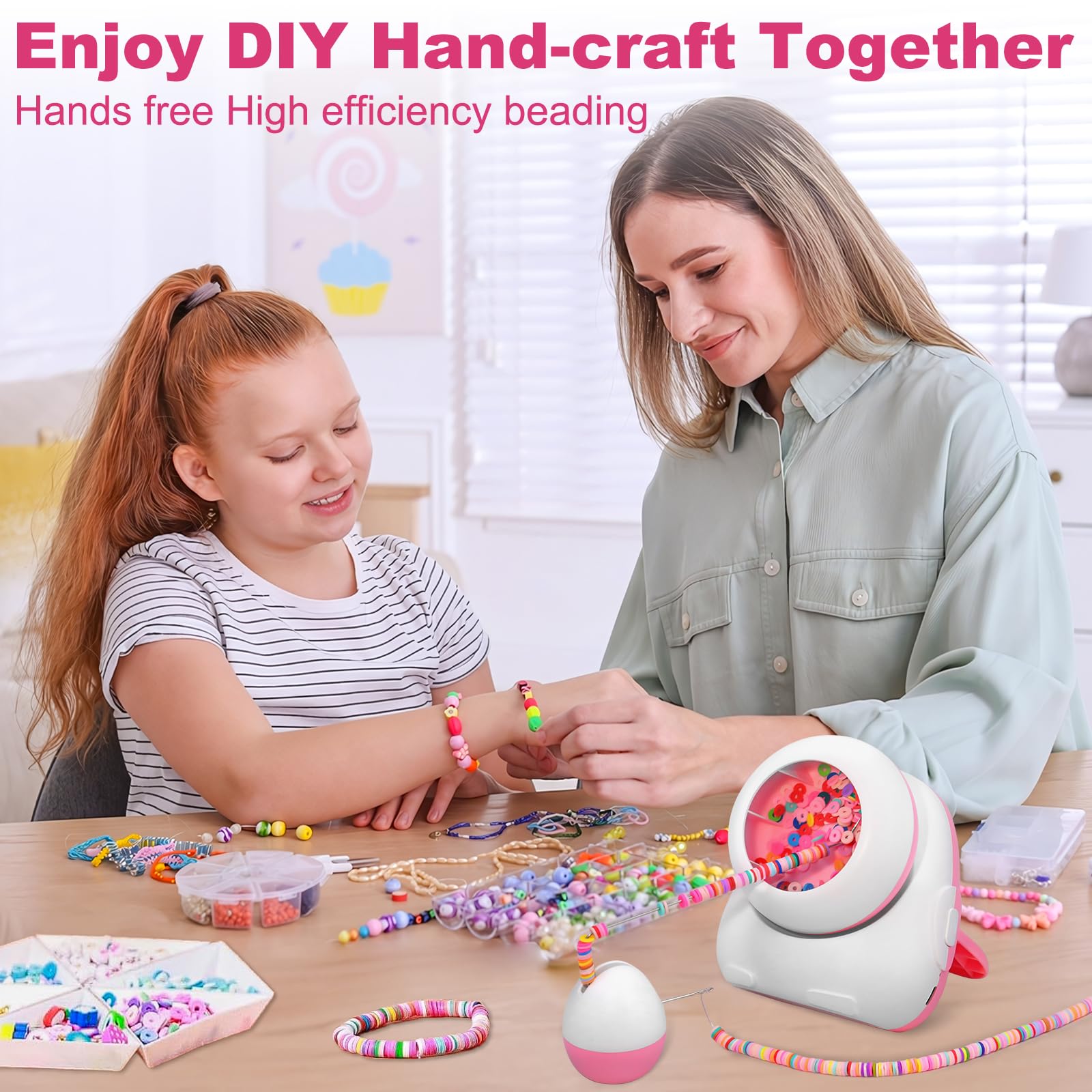 Pskfvre Cordless Electric Bead Spinner for Jewelry Making,2-in-1 Clay & Seed Bead Spinner,Bracelet & Necklace Maker Machine with Bead Needles and Thread,USB Charging,Pink (Beads Included)