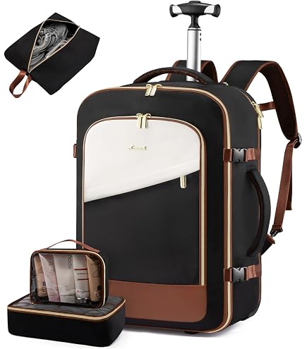 Tonyeee Rolling Backpack for Women, 22 Inch Carry on Luggage Suitcase Flight Approved, X Large Roller Travel Laptop Backpack with Wheels for Overnight Weekender Bussiness Work (Beige,XL Carry on Size)