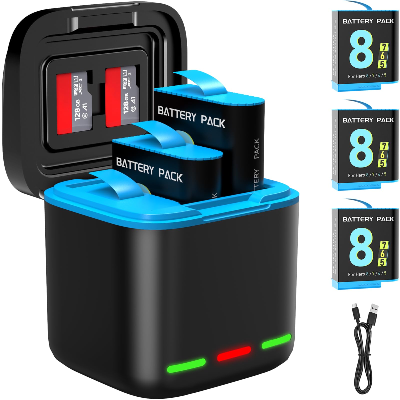 Photo 1 of for Hero 8/7/6 Battery 3-Pack 1500mAh and USB Storage 3-Channel Fast Charger Fully Compatible with GoPro Hero 8, Hero 7, Hero 6 Black Official with Micro SD Card Slot
