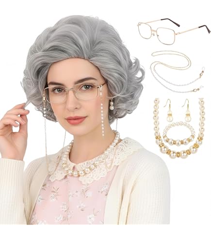 Ensemble Perruque Vieille Dame Halloween – Perruque Grise + Lunettes + Collier + Canne Gonflable + Bigoudis
