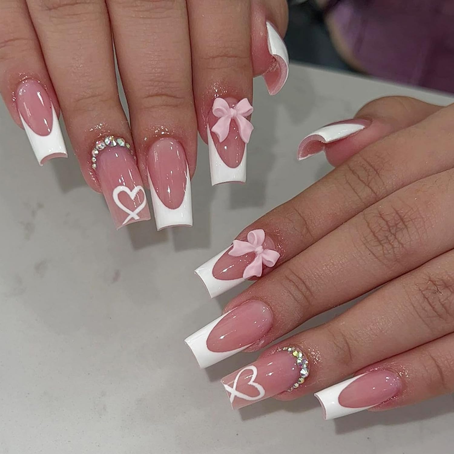 24Pcs Valentines Heart Press on Nails Square French Tip Fake Nails with Cute Bow Charms Rhinestones Designs Acrylic Nails Valentines Nail Art Decorations Reusable Pink False Nails Glue on Nails