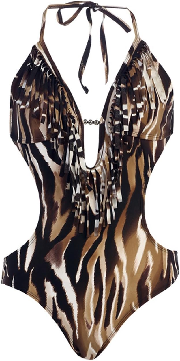 1 Piece/Bikini Monokini Swimsuit With Fringe (Medium, Brown Tiger)