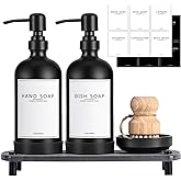 NEECZS Kitchen Soap Dispenser Set with Instant Dry Tray,16 Oz Hand and Dish Soap Black Glass Dispenser Set,Stainless Steel Pump,Waterproof Labels&Dish Brush,Luxury Soap Bottle for Kitchen,Bathroom