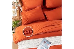 Anluoer Queen Comforter Set 7 Piece, Burnt Orange Bed in a Bag with Sheets, Pom Pom Boho Bedding Comforter Sets with 1 Comforter, 2 Pillow Shams, 2 Pillowcases, 1 Flat Sheet, 1 Fitted Sheet