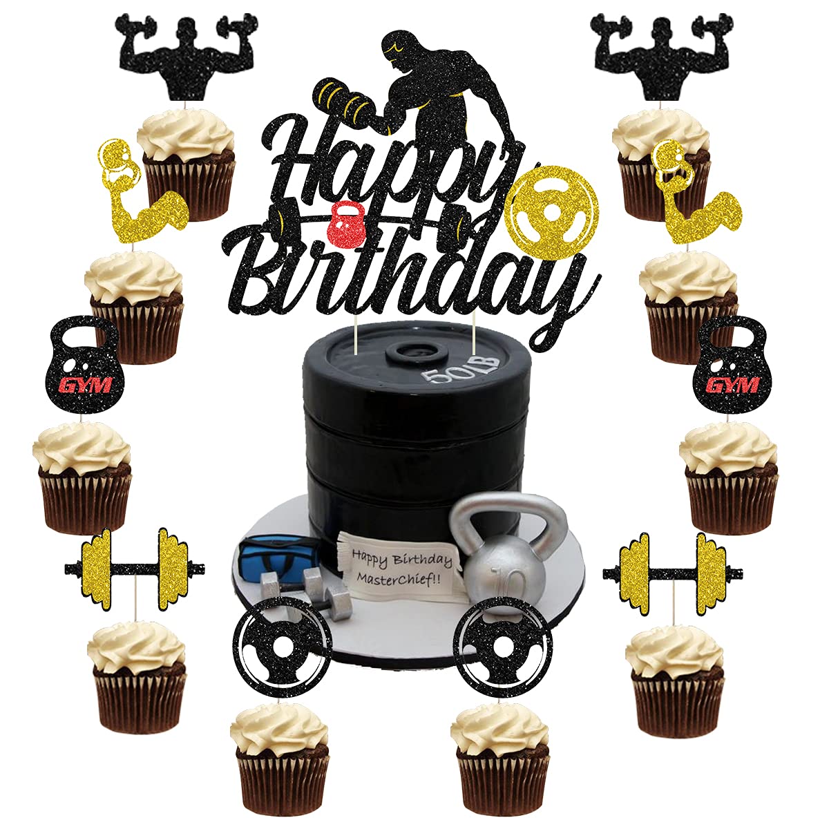 Gym Cake Decorations - Cake & Cupcake Toppers for Men Black and Gold Fitness Cake Toppers, 25 Pcs Glitter Weight Lifting Cake Topper Decorations for Gym Fitness Themed Birthday Party