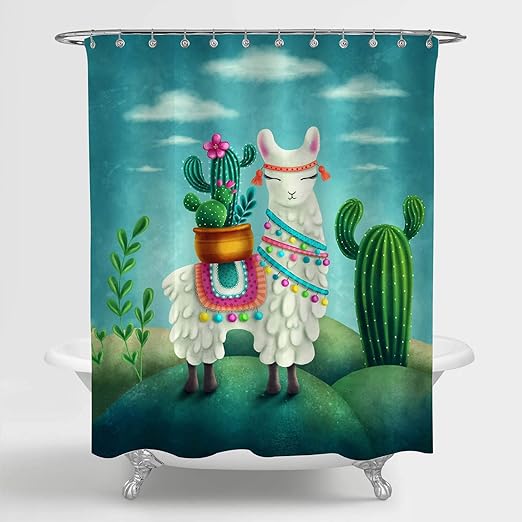 Amazon Com Mitovilla Cartoon Llama With Cactus Shower Curtain For Bathroom Decor Mexican Wild Animal Alpaca With Succulent Plant Artwork Bathroom Accessories Llama Gifts For Girls And Women Green 72 W X 72