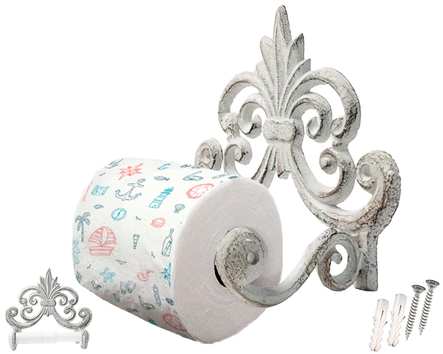 Fleur De Lis Cast Iron Toilet Paper Roll holder - Cast Iron Wall Mounted Toilet Tissue Holder - European Vintage Design - 17.2 x 16 x 10.8 cm- With Screws And Anchors by Comfify (Antique White)