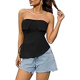 Women Tube Tops Trendy Summer Going Out Strapless Backless Bustier Drawstring Ruched Side Split Asymmetrical Bandeau Shirt