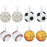 yueton 4 Pairs of Lightweight Faux Leather Sports Game Ball Dangle Drop Earrings Baseball Basketball Soccer Volleyball Vintage PU Leather Earrings Fans Players Gift for All Sports Lovers