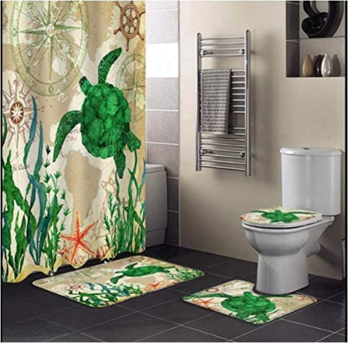Sea Turtle Shower Curtain Set - Complete 4 Piece Bathroom Set Includes Non-Slip, Durable, and Large Size Bath Rug, Contoured Mat, Toilet Lid Cover, and Water Resistant Shower Curtain with Hooks