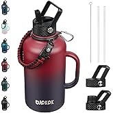 BJPKPK Half Gallon Insulated Water Bottles with Straw Lid & Side Handle, 64oz Large, Stainless Steel Water Bottles with 3 Lids and Paracord Strap, Metal Water Jug,Charming Red