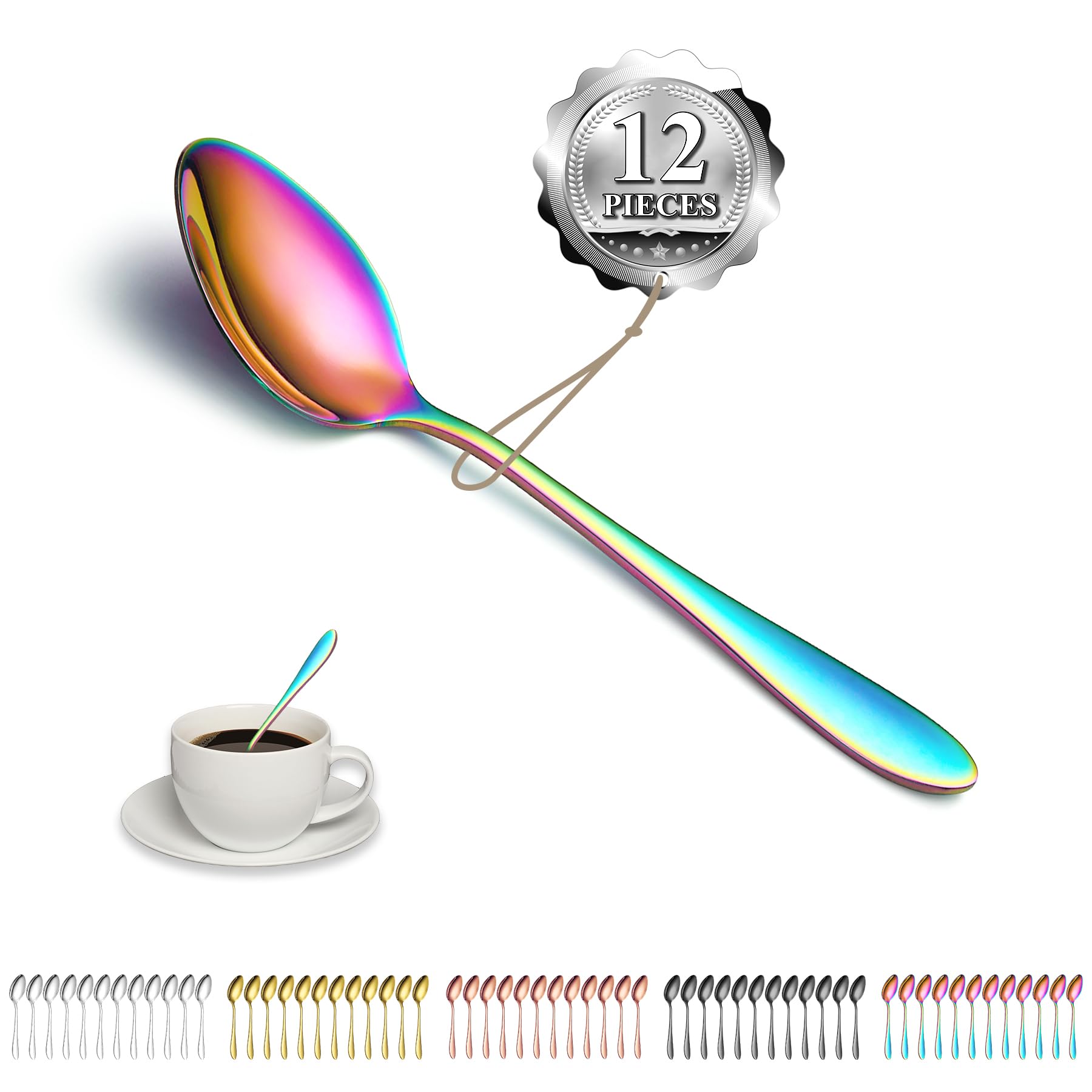 Kyraton Rainbow Gold Teaspoons Set of 12 Pieces, 14cm Titanium Colorful Plating Stainless Steel Coffee Spoons, Dessert Spoon, Small Tea Spoons, Dishwasher Safe