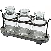 Funsoba Propagation Stations with Rustic Wood Metal Stand, Glass Vase Set with Wicker Basket Holder, 3 Bottles, Rustic Farmhouse Decor, Home and Office Table Decor (Set of 3 Bottles)
