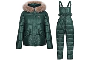 hlysgo Two Piece Sets for Women Winter Snowsuit Casual Long Sleeve Hooded Puffer Jacket and Bib Jumpsuit Outdoor Snow Set