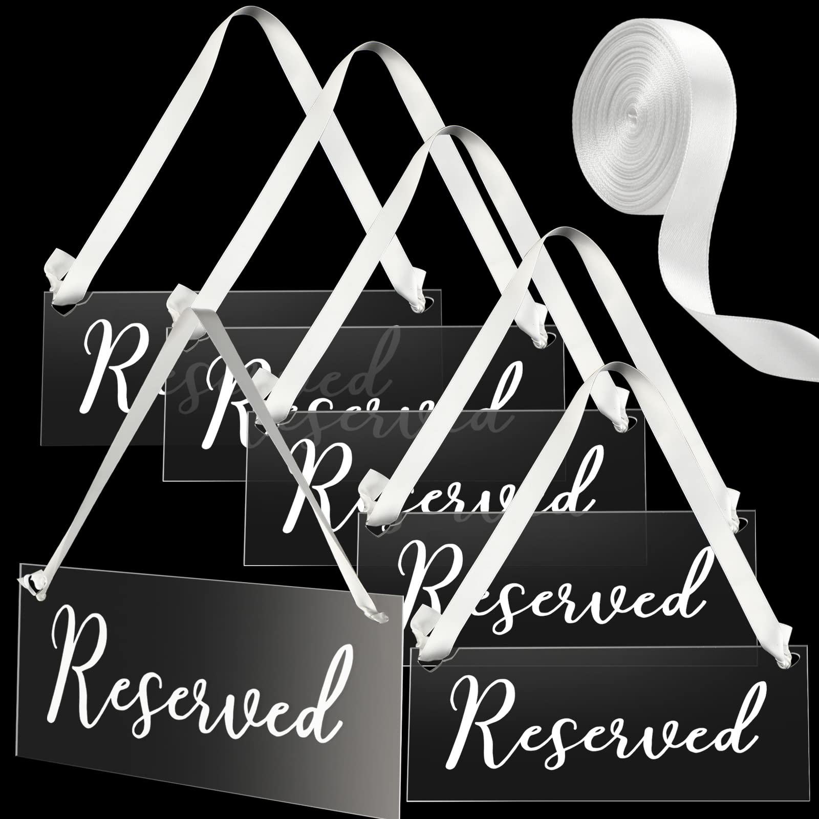Photo 1 of Yookeer 6 Pieces Reserved Signs for Wedding Chairs with a Roll of Ribbon Acrylic Reserved Table Signs for Wedding Important Events Church Pews Chair and Restaurant(White)